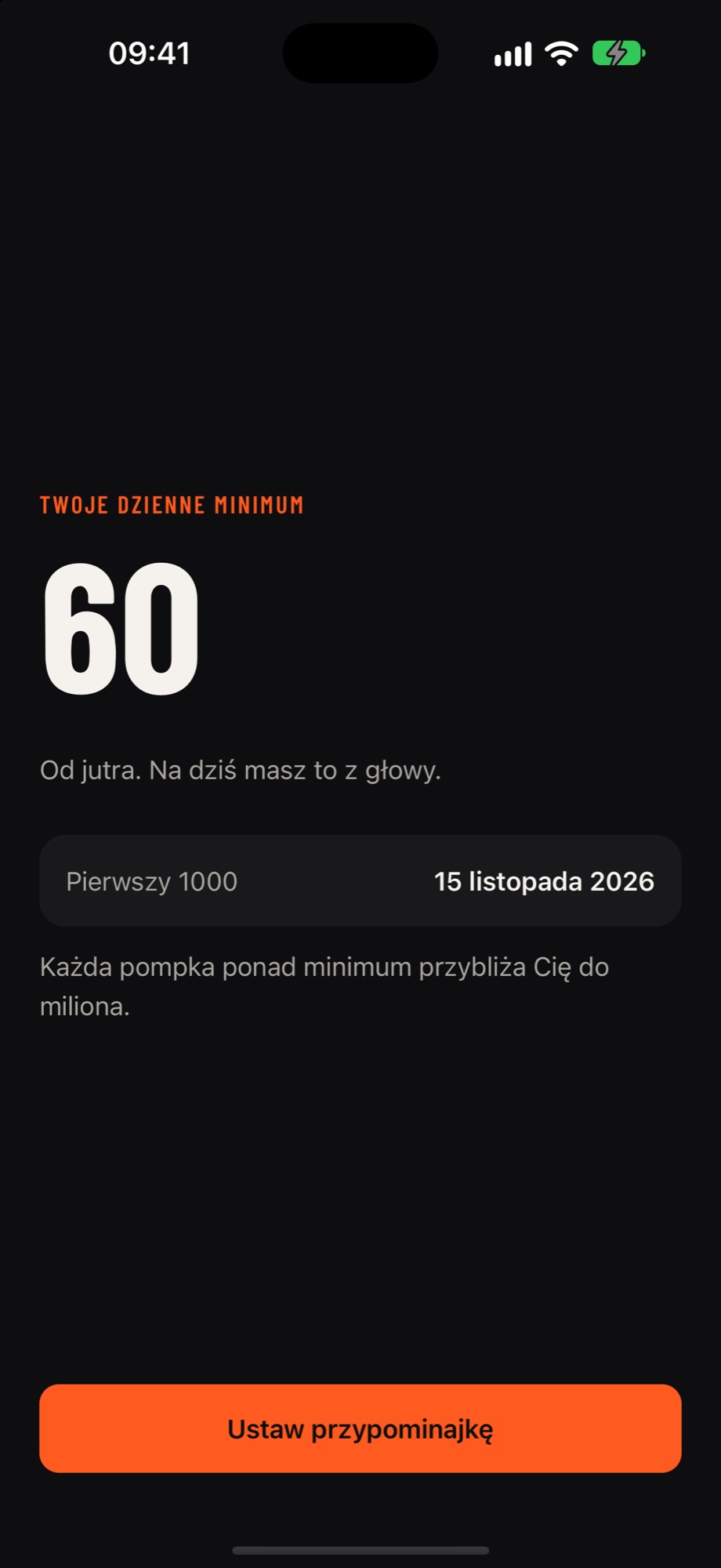 Ekran planu z dziennym minimum i datą pierwszego tysiąca